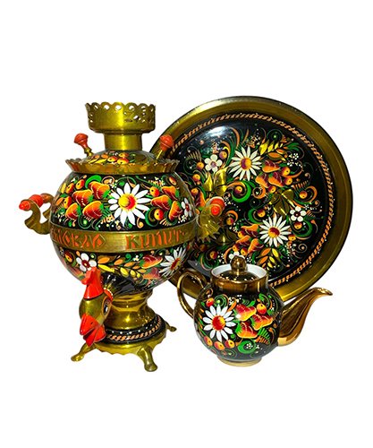 Самовар «Ромашки с ягодой на черном» электрический формой рюмка 3 л в наборе с подносом и чайником